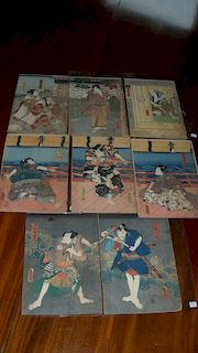 Toyokuni III (1786-1865), two triptychs and a diptych woodblock print, the first with four figures b