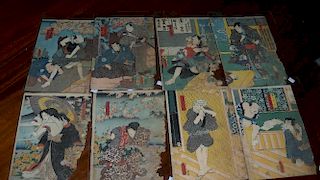 Toyokuni III (1786-1865), four diptych wood block prints, each sheet depicting figures from plays, o