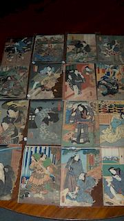 A collection of sixteen wood block prints, mainly by Toyokuni III (1786-1865) and depicting figures,