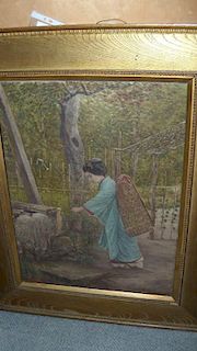 M I Mikuni, a 20th century oil painting, painted with a bjin tending a garden, trees and fencing beh