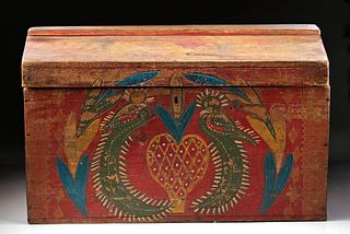 18th C. Mexican Painted Wood Chest w/ Quetzal Birds