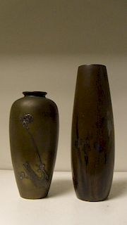 Nogawa and Koharu, two late 19th/early 20th century bronze vases, both of slender ovoid shape, the f