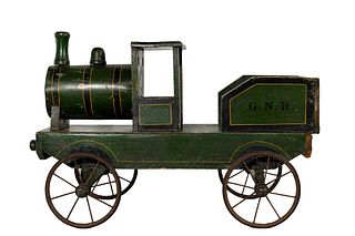 Folk Art Painted Wood Train Engine