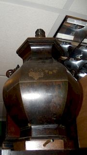 A 19th century inlaid bronze vase as a lamp, the two handled hexagonal baluster shape inlaid with a