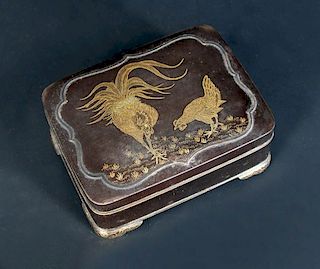 A late 19th/early 20th century gold and silver inlaid box and cover, the rounded rectangular lift of