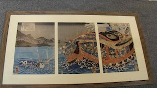 Utagawa Kuniyoshi (1797-1861), a woodblock triptych, Koman swimming with the Minamoto banner attacke
