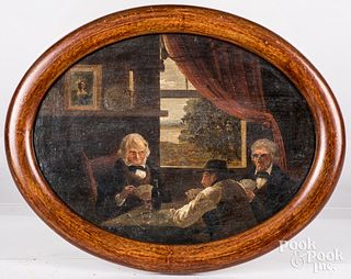 Oil on canvas, 19th c., depicting three gentleman