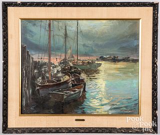 Stephen Juharos oil on canvas harbor scene