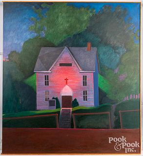 Oil on canvas of a church, initialed JCW