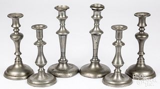 Three pairs of pewter candlesticks, 19th c.