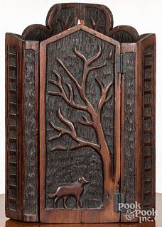 Folk art carved pine hanging corner cupboard