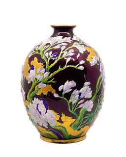 Camille Fauré exceptional 12" enamel on copper vase