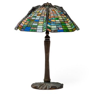 Vintage Leaded Glass Table Lamp Bronze Base Spider Web Design