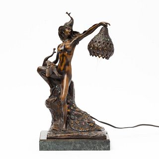 Wolfers signed Bronze jeweled lamp,