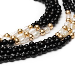 Necklace, GIA 14kt gold 3 strand onyx and pearl necklace