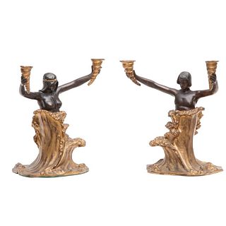 Art Nouveau Figural Patinated and Gilt Bronze Candelabra