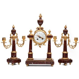 French Louis XVI 20th Century Marble Clock Graniture Set