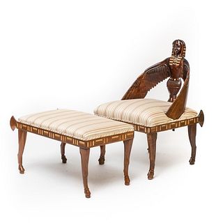 Egyptian Revival Carved and Inlaid Chair and Ottoman