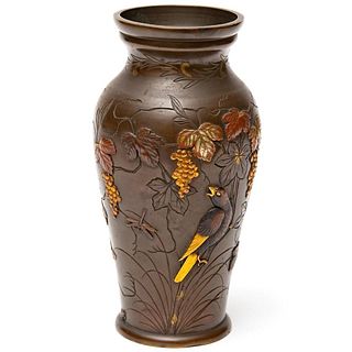 Meiji Multi Metal Bronze Vase inlaid with silver and other metals,  overall good condition