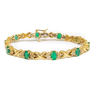 Bracelet, GIA 14K Gold Emerald and Diamond Bracelet