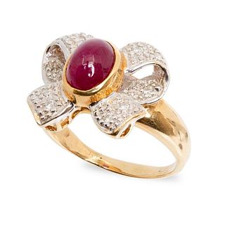 Ring, GIA 14K yellow and white gold ruby and diamond bow ring