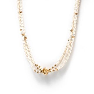 Necklace, GIA Multi Stand Pearl and Gold Necklace circa 1980