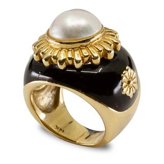 Ring, GIA 14K Yellow Gold Cultured MabŽ Pearl and Enamel Ring