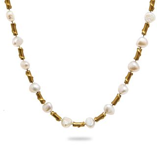 Necklace GIA 18K Yellow Gold Branch-Form Motif Tubular Beads and Freshwater Pearls Necklace.