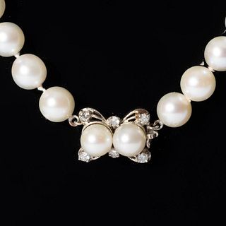 Necklace, 14k cultured pearl and diamond necklace