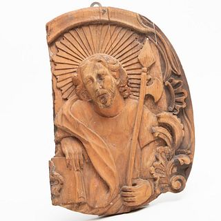Late 17th Century Italian Carved Wood Relief Plaque of Saint Matthias