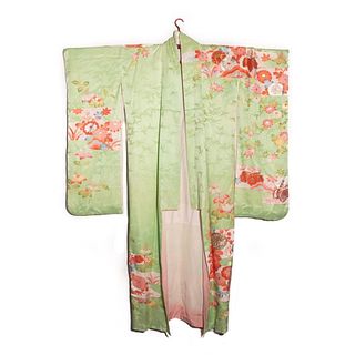 japanese 1950s vintage handwoven silk satin&nbsp;furisode&nbsp;kimono, hand decorated