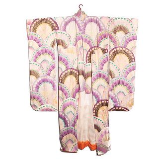 japanese 1940s vintage handwoven silk crepe&nbsp;furisode&nbsp;kimono, hand decorated