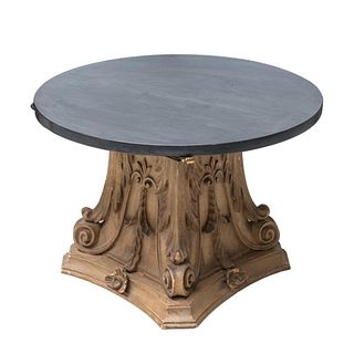Corinthian column capitol carved wood slate top table