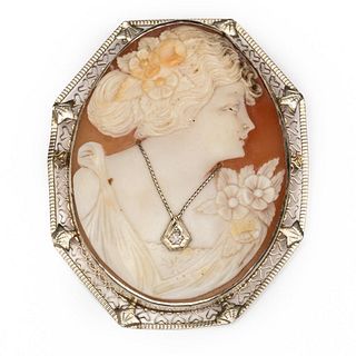 14k white gold and diamond cameo brooch, c1910