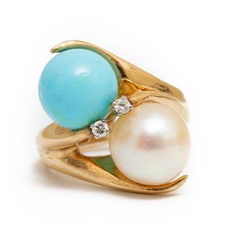 Ring, 14K Gold Pearl, Turquoise and Diamond Ring