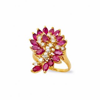 Ring, GIA Vintage 14K gold ruby and diamond ring