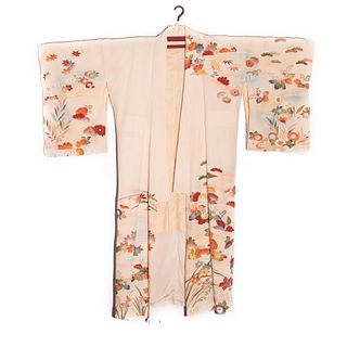 japanese 1940s vintage handwoven silk damask kimono, hand decorated