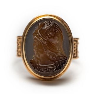 14k Chalcedony French cameo Frankish Warrior Ring,c1860