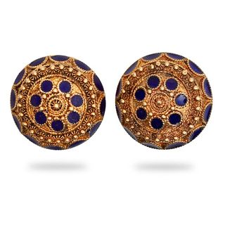 Vintage Earrings, GIA 14kt gold enameled Etruscan revival clip on earrings