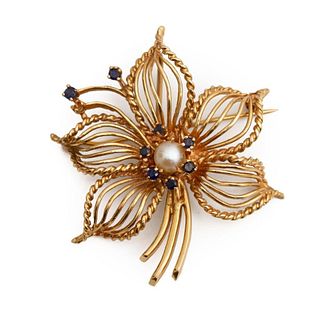 Brooch, GIA 14K Gold sapphire and pearl convertible pendant brooch Circa 1940
