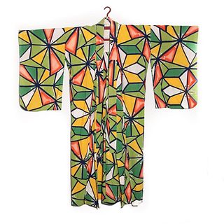 japanese 1930's vintage handwoven cotton kimono, decorated with a hand stenciled design