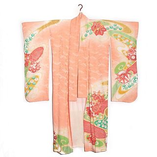japanese circa 1940s vintage handwoven silk damask furisode kimono, hand decorated