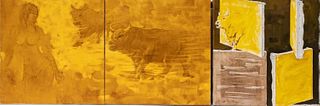 Choi Chul Signed Charging Bull Modernist Triptych Painting