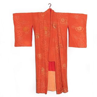 japanese 1940s vintage handwoven omeshi silk damask kimono, hand decorated