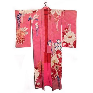 japanese 1920's Japanese handwoven silk damask formal crested kimono, hand decorated