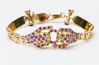 Vintage 14K gold and gem-set Panther bracelet