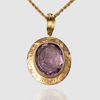 GIA, Necklace, 14K gold amethyst cameo necklace
