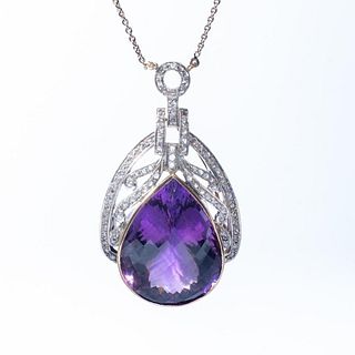 Large Amethyst and Rose Cut Diamond 18K Necklace