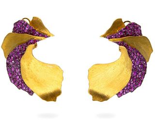 Umrao Earrings, GIA 18kt Gold and Pink Sapphire Leaf Earrings