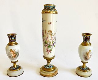 19th C. Set of 3 French Champleve & Sevres Bronze Vases